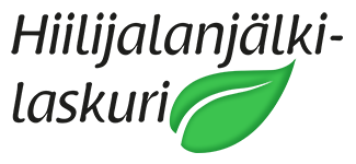 Hiilijalanjälkilaskurin logo. Logossa on tummalla tekstillä sana hiilijalanjälkilaskuri sekä vihreä lehti.
