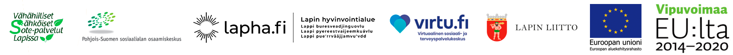 Vähähiiliset sähköiset sote-palvelut Lapissa -hankkeen logot: hankkeen oma logo, Posken logo, Lapin hyvinvointialueen logo, Virtu.fi-palveluportaalin logo, Lapin liiton logo sekä EU-hankelogot