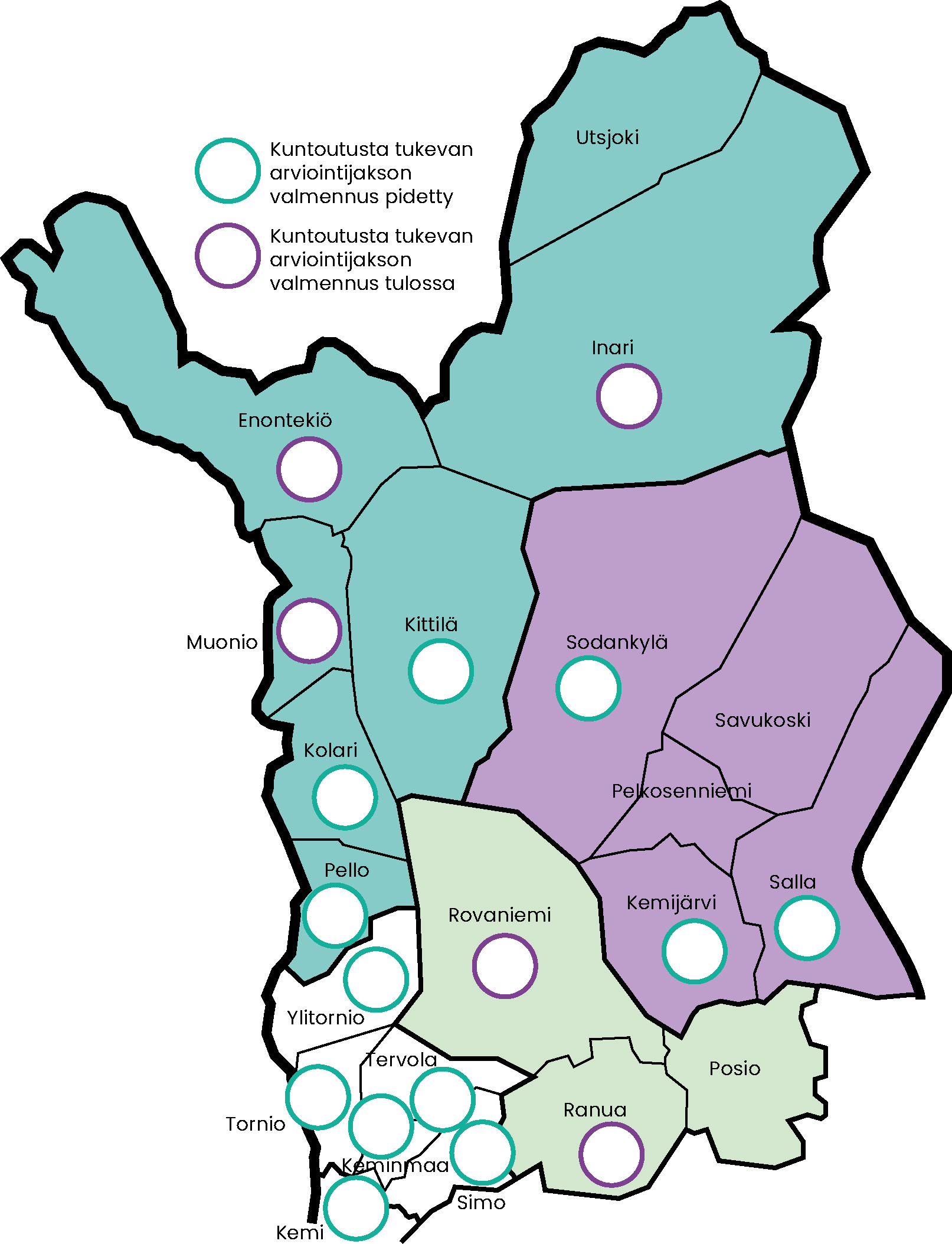 Kartta kuntoutumista tukevan arviointijakson valmennuksen etenemisestä Lapin hyvinvointialueella. Valmennus on pidetty Kittilässä, Kolarissa, Pellossa, Sodankylässä, Kemijärvellä, Sallassa, Ylitorniolla, Torniossa, Tervolassa, Keminmaalla, Kemissä ja Simossa. Valmennus on tulossa Inariin, Enontekiölle, Muonioon, Rovaniemelle ja Ranualle.