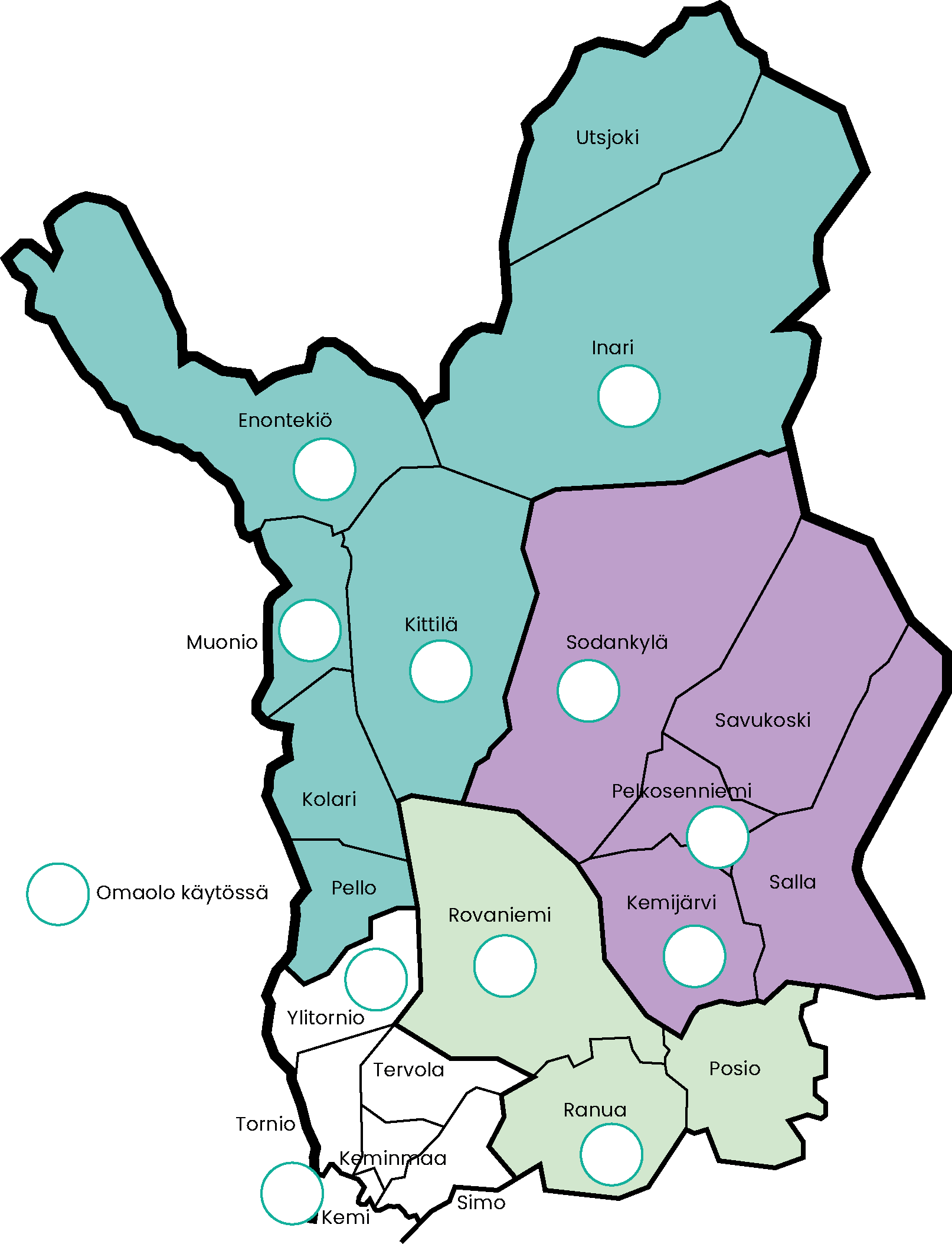 Karttakuvassa Lapin alueen Omaoloa käyttävät kunnat merkattu palvelualueittain. Omaoloa käyttävät: Inari, Muonio-Enontekiö, Kittilä, Sodankylä, Pelkosenniemi, Ylitornio, Rovaniemi, Kemijärvi, Kemi ja Ranua.